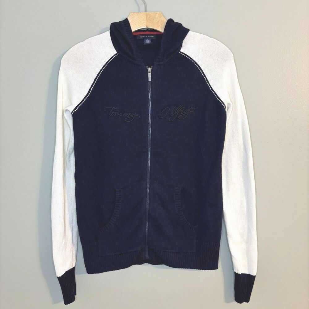 Tommy Hilfiger Women’s XS Full Zip Sweater Hood Navy Ivory Embroidered Raglan